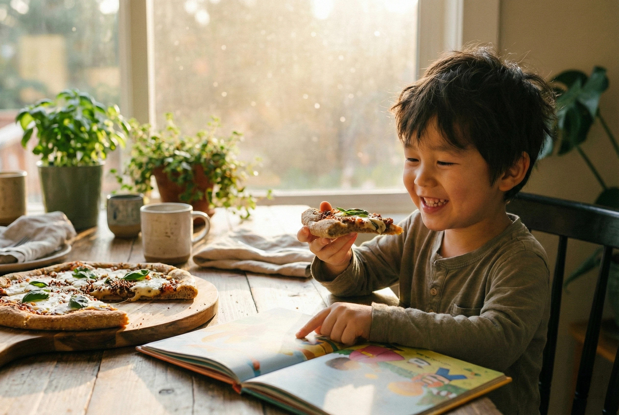 孩子開心享用醒醒機能披薩的早晨時光